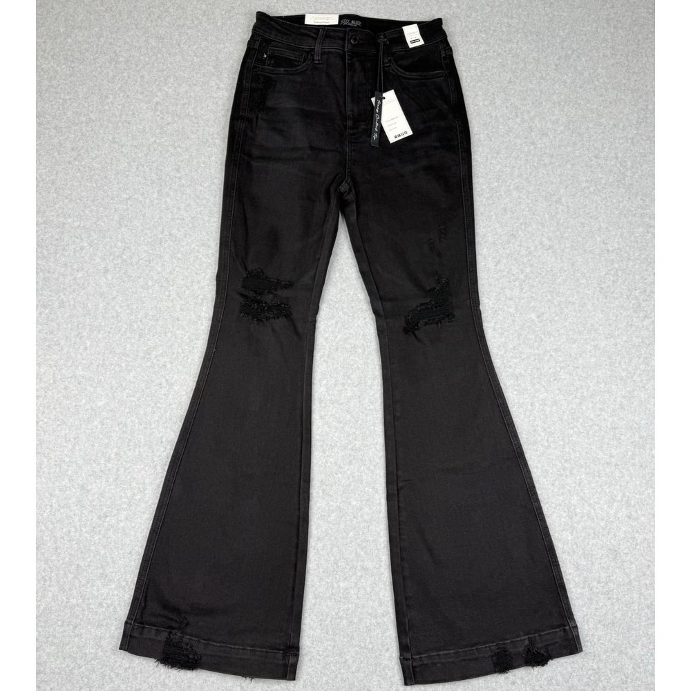 Judy Blue Jeans Womens 9/29 Black Flare Wide Leg High Rise Distressed Denim New